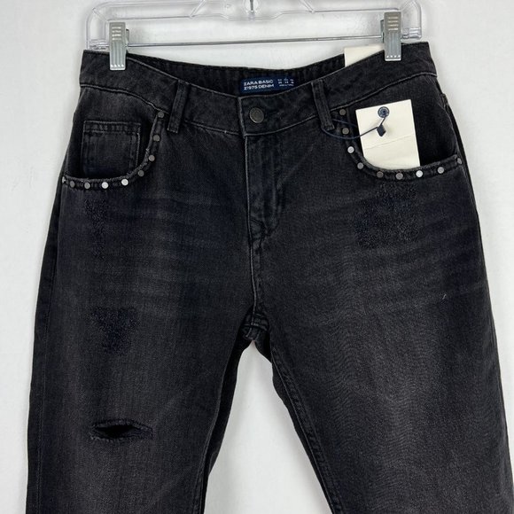 NWT Zara Relaxed Fit Distressed Studded Raw Hem Jeans Black Size 4 NEW D1664 - Picture 2 of 13